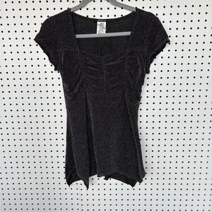 Onyx Nite Black Shimmer Ruched Cap Sleeve Top Size Small
